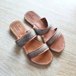 Aspiga Crafted by Hand Leather Beaded Slid-On Sandals Open-Toe Strap Brown